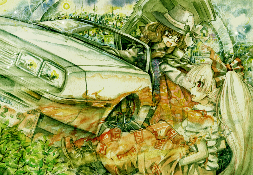 2girls back_to_the_future black_hat bowler_hat brown_eyes brown_hair car delorean fujiwara_no_mokou grass hair_ribbon hat hat_ribbon license_plate long_hair looking_at_viewer master_(4th) motor_vehicle multiple_girls ofuda pants ponytail red_eyes red_pants ribbon science_fiction touhou usami_sumireko very_long_hair