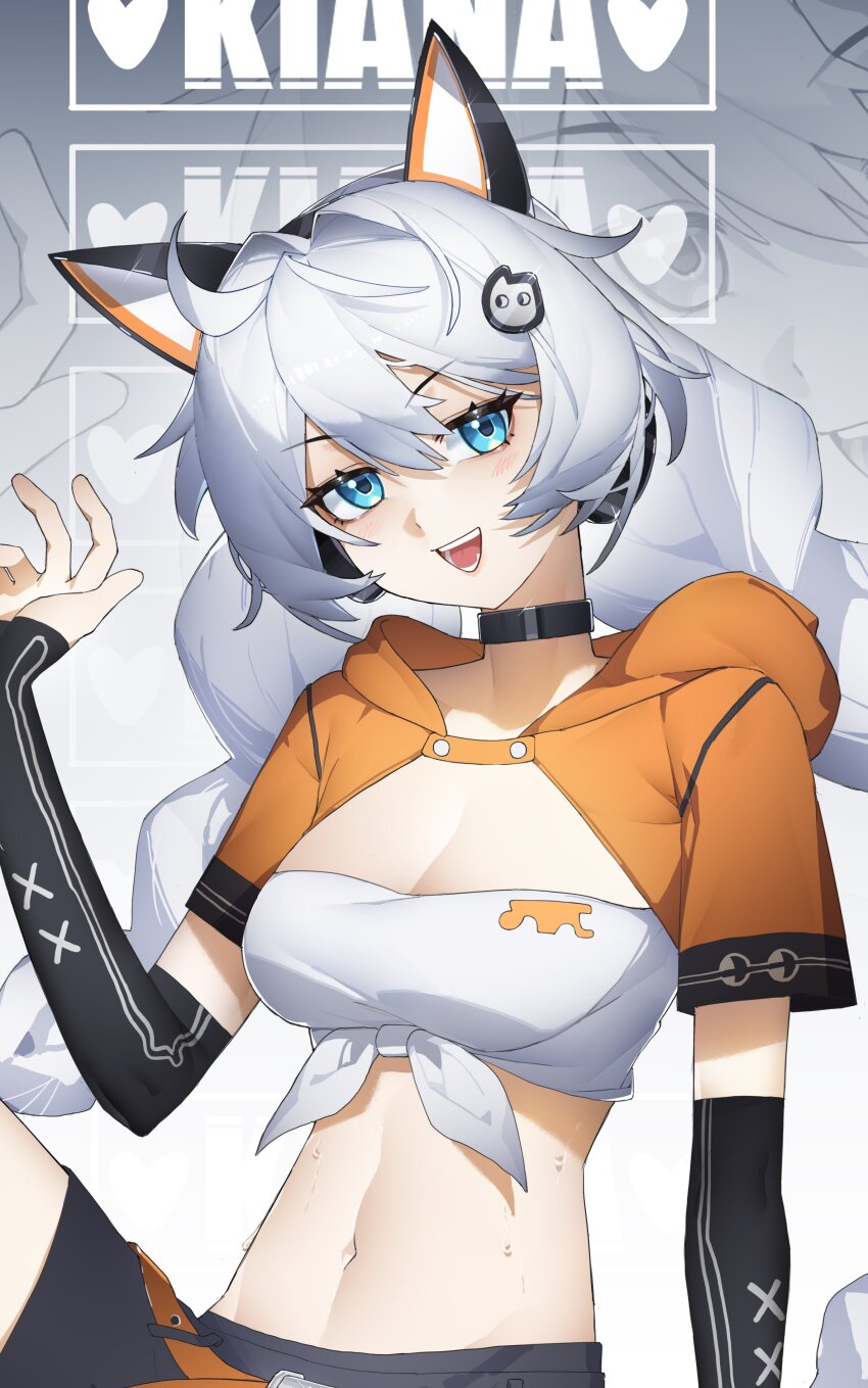 1girl :d absurdres animal_ears bandeau black_bow black_choker black_gloves black_shorts blue_eyes bow braid breasts cat_ears character_name choker cleavage commentary elbow_gloves fake_animal_ears fingerless_gloves gloves hair_bow hand_up head_tilt heart highres honkai_(series) honkai_impact_3rd kiana_kaslana kiana_kaslana_(coco) large_breasts long_braid long_hair looking_at_viewer midriff navel open_mouth short_sleeves shorts shrug_(clothing) sitting smile stomach strapless tube_top twin_braids very_long_hair white_hair yiden_(danbaobao) zoom_layer