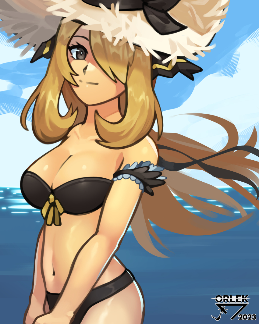 1girl absurdres alternate_costume armband artist_name bikini black_bikini black_ribbon blonde_hair breasts cleavage closed_mouth cloud collarbone commentary creatures_(company) cynthia_(pokemon) day eyelashes floating_hair game_freak grey_eyes hair_over_one_eye hat highres long_hair navel nintendo orlek outdoors pokemon pokemon_dppt ribbon sky smile solo split_mouth straw_hat swimsuit water yellow_hat