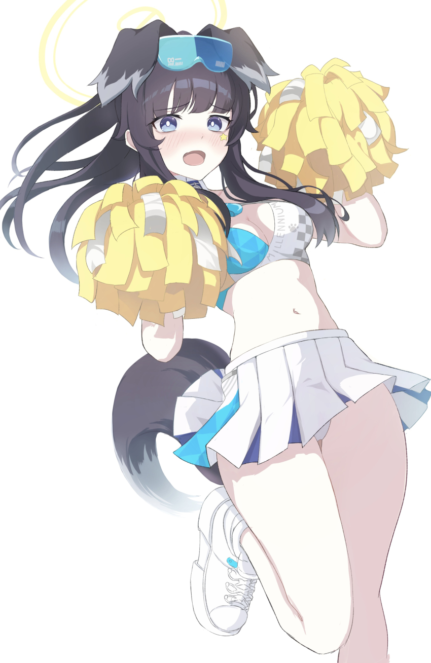 1girl absurdres animal_ears bare_legs black_hair blue_archive cheerleader dog_ears goggles goggles_on_head grey_eyes halo hibiki_(blue_archive) hibiki_(cheer_squad)_(blue_archive) highres kouki7912f millennium_cheerleader_outfit_(blue_archive) nazuka_kaori thighs