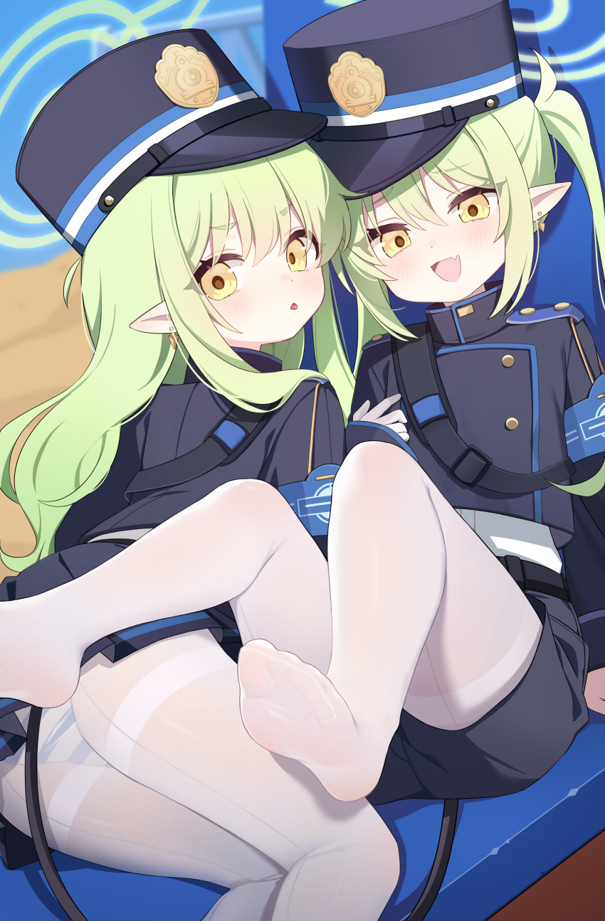 2girls absurdres armband black_footwear black_jacket black_shorts blue_archive blue_armband blurry blurry_background blush demon_tail fang feet foreshortening gloves green_hair hair_between_eyes halo hat heart highres hikari_(blue_archive) jacket kithera long_hair long_sleeves looking_at_viewer mouth_hold multiple_girls nozomi_(blue_archive) open_mouth panties pantyhose peaked_cap pointy_ears shirt shorts siblings sidelocks simple_background sisters sitting skin_fang smile soles spread_toes striped_clothes striped_panties tail toes tongue tongue_out twins twintails underwear very_long_hair white_gloves white_panties white_pantyhose yellow_eyes