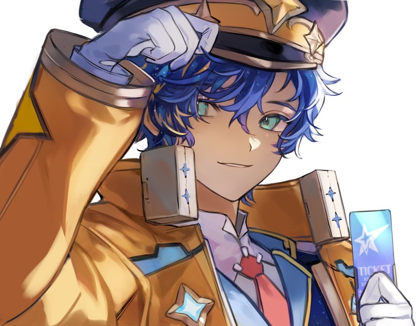 1boy aqua_eyes arm_up astel_leda blonde_hair blue_hair blue_jacket gloves hair_between_eyes hand_on_headwear hat highres holding holostars jacket looking_at_viewer multicolored_hair muuyiie necktie orange_jacket parted_lips peaked_cap red_necktie shirt sideways_glance simple_background smile solo streaked_hair upper_body virtual_youtuber white_background white_gloves white_shirt