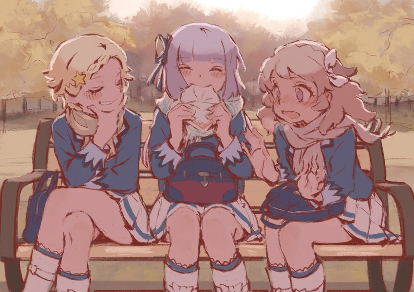 3girls ^_^ aikatsu! aikatsu!_(series) autumn bag baozi blonde_hair blue_bag blue_jacket blunt_bangs blush braid braided_bangs breath closed_eyes commentary eating food hair_ornament hands_up hikami_sumire holding holding_food jacket long_hair long_sleeves looking_at_another multiple_girls on_bench open_mouth outdoors ozora_akari pleated_skirt purple_eyes purple_hair scarf school_bag school_uniform shinjo_hinaki short_hair sitting skirt smile star_(symbol) star_hair_ornament starlight_academy_school_uniform white_footwear white_skirt yukiguni_(ykgn)