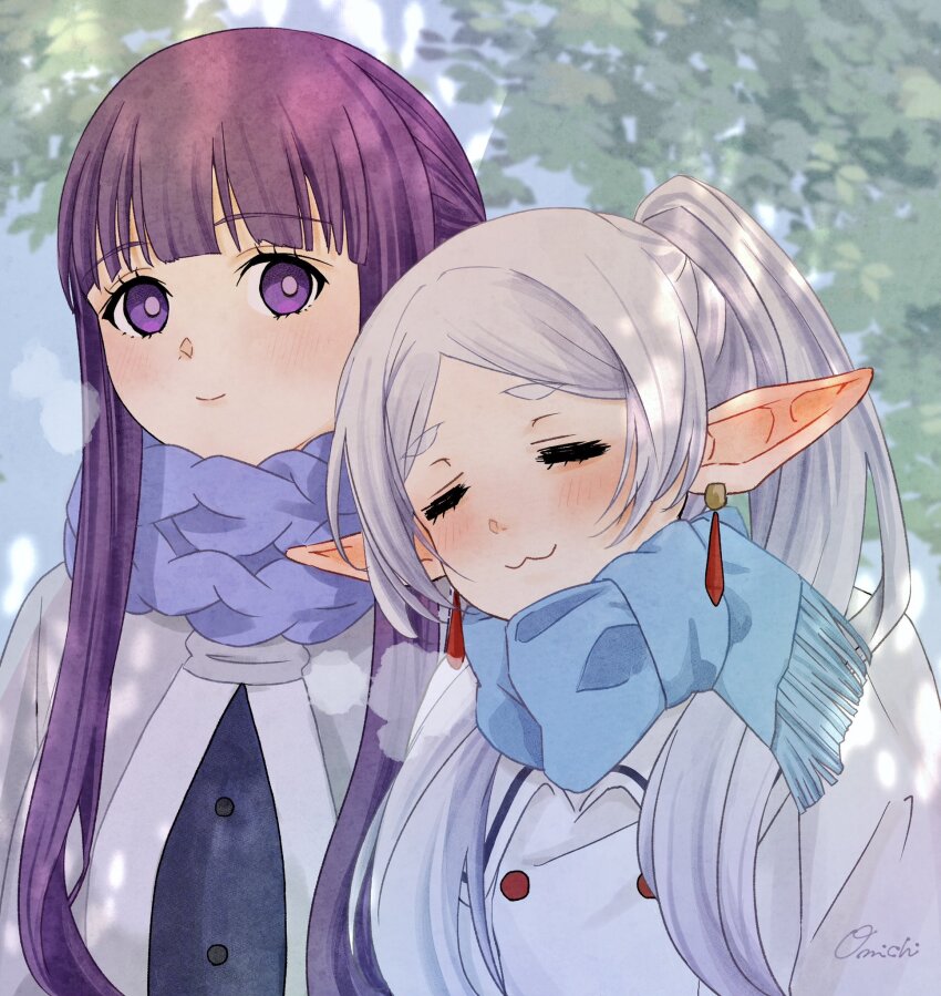 2girls :3 blue_dress blue_scarf blunt_bangs capelet closed_eyes coat dress earrings elf fern_(sousou_no_frieren) frieren grey_capelet grey_hair highres jewelry long_hair long_sleeves multiple_girls omichi_1219 parted_bangs pointy_ears purple_eyes purple_hair purple_pupils purple_scarf scarf smile sousou_no_frieren straight_hair twintails white_capelet white_coat white_hair