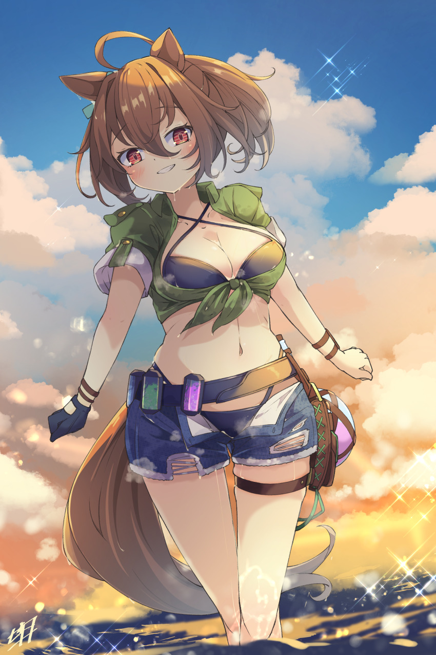 1girl absurdres agnes_tachyon_(lunatic_lab)_(umamusume) agnes_tachyon_(umamusume) ahoge animal_ears bikini black_bikini black_gloves blue_shorts blue_sky breasts brown_hair cleavage cowboy_shot criss-cross_halter ear_ornament gloves green_jacket groin hair_between_eyes halterneck highres horse_ears horse_girl horse_tail huge_ahoge jacket micro_shorts midriff navel official_alternate_costume official_alternate_hairstyle open_clothes open_fly open_shorts outdoors red_eyes short_ponytail shorts single_glove sky smile solo swimsuit tail test_tube tied_jacket torn_clothes torn_shorts umamusume wading woruta_(soloistlist)