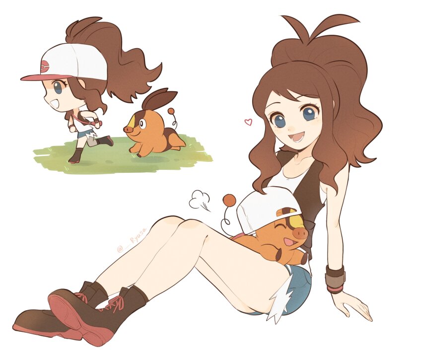 1girl absurdres antenna_hair arm_support boots brown_hair chibi commentary_request creatures_(company) exposed_pocket game_freak gen_5_pokemon heart high_ponytail highres hilda_(pokemon) long_hair looking_down nintendo open_clothes open_vest pokemon pokemon_(creature) pokemon_bw running ryusa_(gjgd7445) shirt short_shorts shorts sidelocks sitting sleeveless sleeveless_shirt socks tepig vest white_shirt wristband