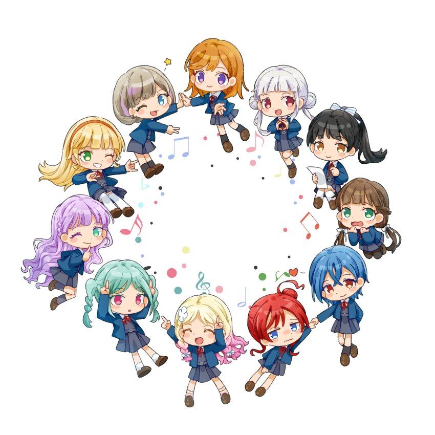 6+girls :d ;) ;3 ;d \m/ ^_^ absurdres aqua_hair arashi_chisato arm_behind_back arms_up beamed_eighth_notes black_hair black_pantyhose black_socks blonde_hair blue_eyes blue_hair blue_jacket blunt_bangs blush_stickers bow braid braided_twintails brown_footwear brown_hair chibi chibi_only circle_hands closed_eyes closed_mouth collared_shirt commentary crossed_bangs crossed_legs double_\m/ double_bun dress dress_shirt eighth_note embarrassed everyone finger_to_mouth gradient_hair green_eyes grey_dress grey_hair grey_socks grin hair_between_eyes hair_bow hair_bun hair_ribbon hairband half_note half_up_braid hazuki_ren heanna_sumire heart high_ponytail highres holding holding_hands holding_paper horns_pose index_finger_raised index_fingers_raised jacket jitome leg_up legs_up loafers long_hair long_sleeves looking_at_viewer love_live! love_live!_superstar!! low-tied_long_hair low_twin_braids low_twintails medium_hair multicolored_hair multiple_girls musical_note neck_ribbon offering_hand one_eye_closed onitsuka_natsumi onitsuka_tomari open_clothes open_jacket open_mouth orange_eyes orange_hair palms_together pantyhose paper parted_bangs pink_hair ponytail purple_eyes purple_hair red_hair red_hairband red_ribbon ribbon sakurakoji_kinako school_uniform sdrzkaige shibuya_kanon shirt shoes short_dress short_hair short_hair_with_long_locks shushing sidelocks sideways_glance simple_background single_hair_bun sixteenth_note smile socks star_(symbol) striped_bow swept_bangs symbol-only_commentary tang_keke thighhighs twin_braids twintails two-tone_hair wakana_shiki white_background white_bow white_hair white_ribbon white_shirt white_socks white_thighhighs wien_margarete winter_uniform yellow_socks yoneme_mei yuigaoka_school_uniform yuri