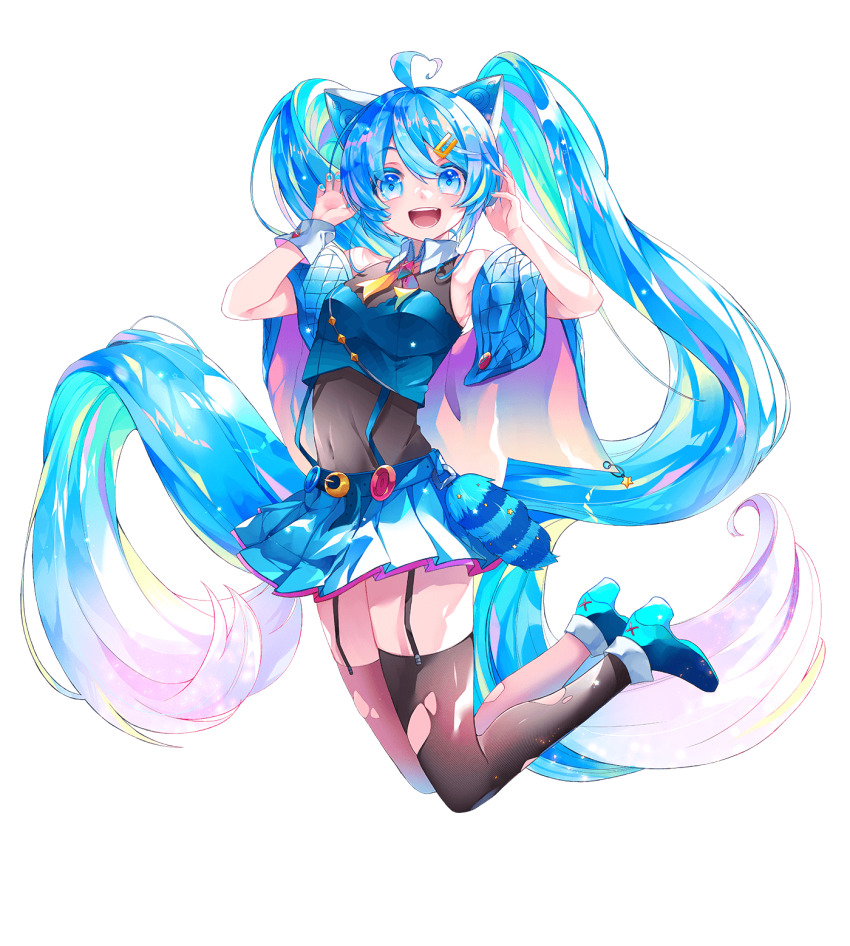 1girl :d absurdly_long_hair ahoge animal_ear_headphones animal_ears aqua_eyes aqua_hair bare_shoulders black_thighhighs blue_cape blue_footwear boots breasts cape cat_ear_headphones covered_navel fake_animal_ears garter_straps hair_between_eyes hair_ornament hairclip halter_shirt halterneck hands_on_headphones hands_up hatsune_miku headphones heart heart_ahoge highres long_hair looking_at_viewer open_mouth pleated_skirt raccoon_tail shirayuki_towa single_wrist_cuff skirt small_breasts smile solo suspender_skirt suspenders tail thighhighs torn_clothes torn_thighhighs twintails very_long_hair vocaloid white_background wrist_cuffs