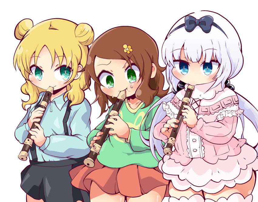 3girls absurdres beads black_bow black_hairband black_skirt blonde_hair blue_eyes blue_shirt blush bow bow_hairband brown_hair capelet child chloe_(maidragon) closed_mouth collarbone collared_shirt commentary_request double_bun dress flower flute frilled_capelet frills green_eyes green_shirt hair_beads hair_bow hair_bun hair_flower hair_ornament hairband highres holding holding_flute holding_instrument instrument kanna_kamui kobayashi-san_chi_no_maidragon light_purple_hair long_hair long_sleeves looking_at_viewer looking_down low_twintails medium_hair multiple_girls music pink_dress playing_instrument pleated_skirt print_shirt recorder red_skirt saikawa_riko shinsou_komachi shirt shirt_tucked_in short_dress side-by-side simple_background skirt smile standing suspender_skirt suspenders sweat thick_thighs thighhighs thighs twintails white_background white_legwear yellow_flower