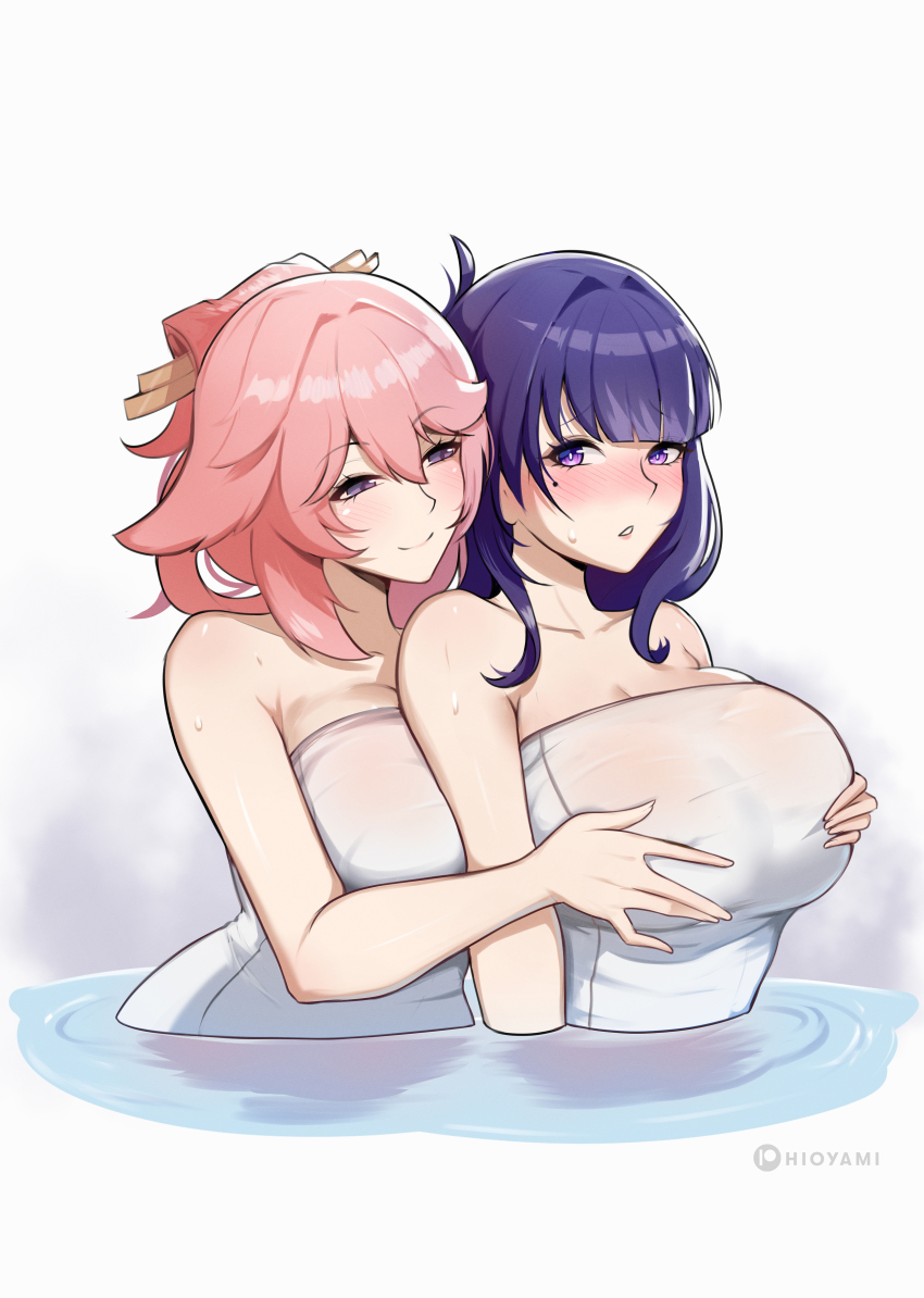 2girls absurdres animal_ears blush breasts closed_mouth fox_ears genshin_impact hair_ornament highres hioyami large_breasts long_hair mole mole_under_eye multiple_girls naked_towel paid_reward_available parted_lips partially_submerged patreon_username pink_hair purple_eyes purple_hair raiden_shogun simple_background smile towel water white_background yae_miko yuri