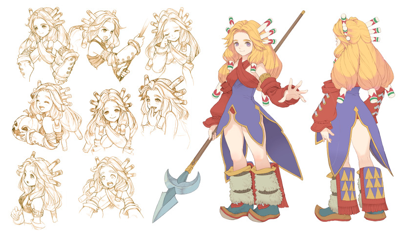 1girl back blonde_hair boots character_sheet closed_eyes coattails detached_sleeves expressionless fringe_trim haccan hair_tubes hand_to_own_mouth happy highres holding holding_polearm holding_pumpkin holding_weapon imu_(lom) jack-o&#039;-lantern legend_of_mana long_hair looking_at_viewer multiple_views non-web_source official_art open_mouth pointy_footwear polearm pumpkin sad seiken_densetsu smile spear standing surprised tears turnaround weapon wince wiping_tears