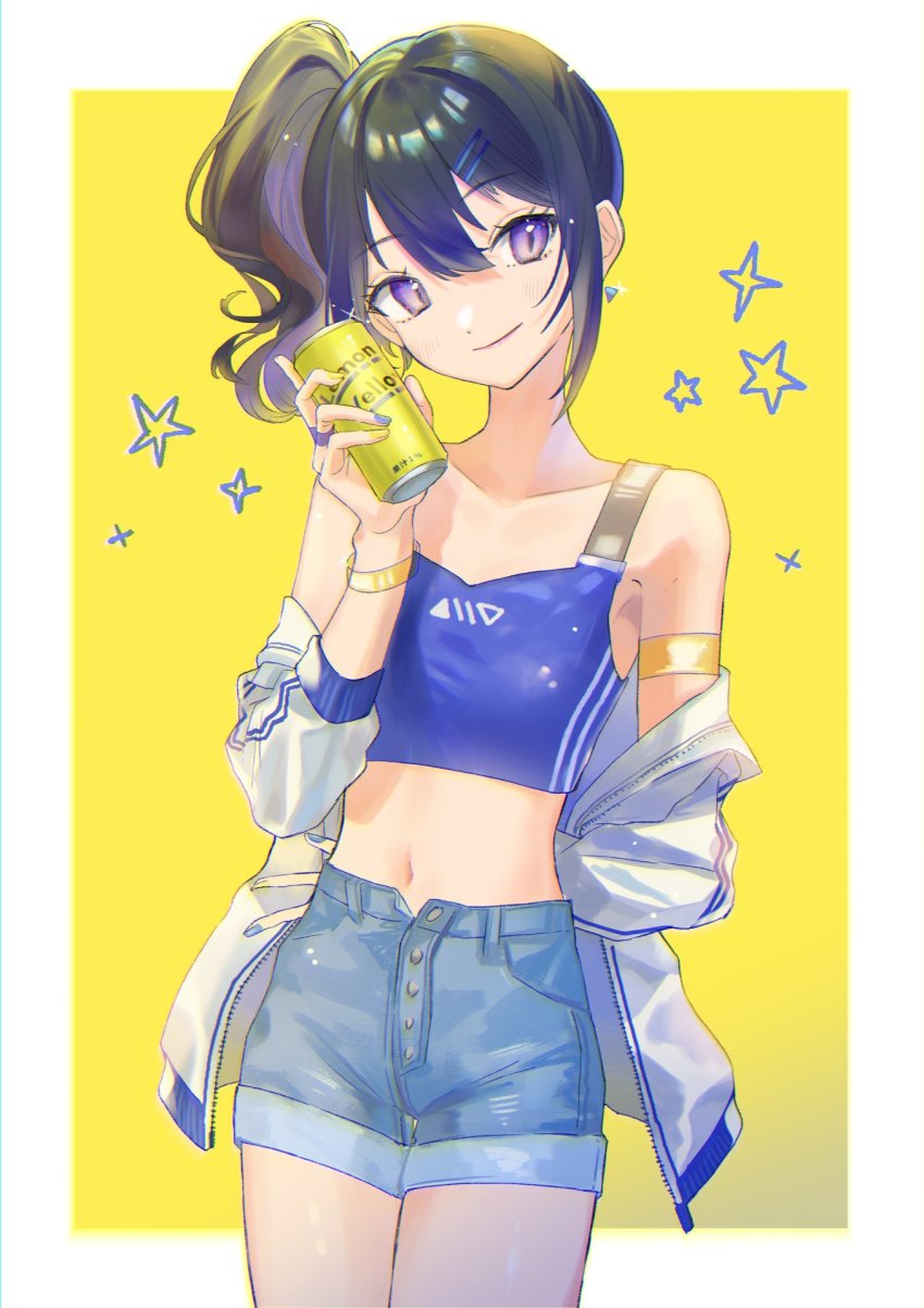 1girl black_hair blue_nails blush can commission crop_top denim denim_shorts earrings flat_chest fujie-yz hair_ornament hairclip highres holding holding_can jacket jewelry multicolored_clothes multicolored_nails nail_polish navel off_shoulder open_clothes open_jacket original ponytail pretty_series pripara purple_eyes purple_hair ring shorts side_ponytail simple_background skeb_commission smile solo sparkle star_(symbol) two-tone_background white_jacket yellow_nails