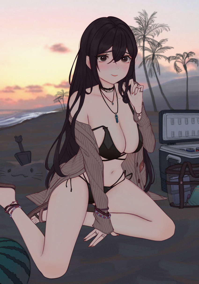 1girl absurdres ankle_strap beach bikini black_bikini black_eyes black_hair blush bracelet breasts buttons closed_mouth collarbone commentary copyright_request crossed_bangs english_commentary fingernails hair_between_eyes hand_up highres jewelry large_breasts long_hair looking_at_viewer multiple_rings navel necklace off_shoulder open_clothes palm_tree parted_hair ribbon ring sitting solo strap_slip sunset swimsuit thighs tree wrist_ribbon yokozuwari youngjoo_kjy