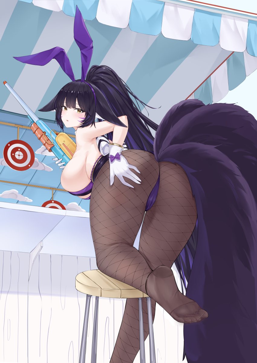 1girl absurdres animal_ears ass azur_lane black_hair black_pantyhose blush breasts commentary_request facial_mark fake_animal_ears fishnet_pantyhose fishnets floppy_ears fox_ears fox_girl fox_tail from_behind gloves hand_on_own_ass highres holding_toy_gun huge_ass huge_breasts kitsune kyuubi leotard lieend long_hair looking_at_viewer looking_back multiple_tails musashi_(azur_lane) musashi_(the_purple_rabbit&#039;s_marksmanship)_(azur_lane) official_alternate_costume official_alternate_hairstyle pantyhose playboy_bunny purple_leotard rabbit_ears shooting_gallery sideboob soles solo strapless strapless_leotard tail toy_gun very_long_hair white_gloves yellow_eyes