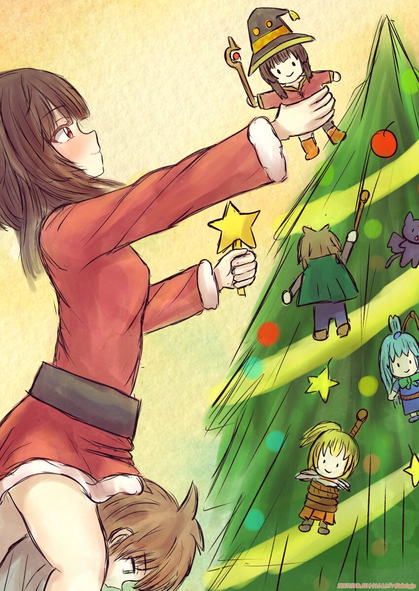 1boy 1girl absurdres alternate_hairstyle aqua_(konosuba) artist_name belt blunt_bangs blush breasts brown_belt brown_hair carrying carrying_person character_doll chomusuke christmas christmas_ornaments christmas_tree closed_mouth commentary darkness_(konosuba) dated doll dress from_side fur-trimmed_dress fur_trim garland_(decoration) green_eyes highres holding holding_doll kono_subarashii_sekai_ni_shukufuku_wo! long_sleeves looking_down looking_up medium_hair megumin mixed-language_commentary multilingual_commentary numbered paper_texture piggyback reaching red_dress red_eyes santa_dress satou_kazuma seikacopiyo short_dress sketch small_breasts smile solo_focus star_(symbol) translated twitter_username yellow_background