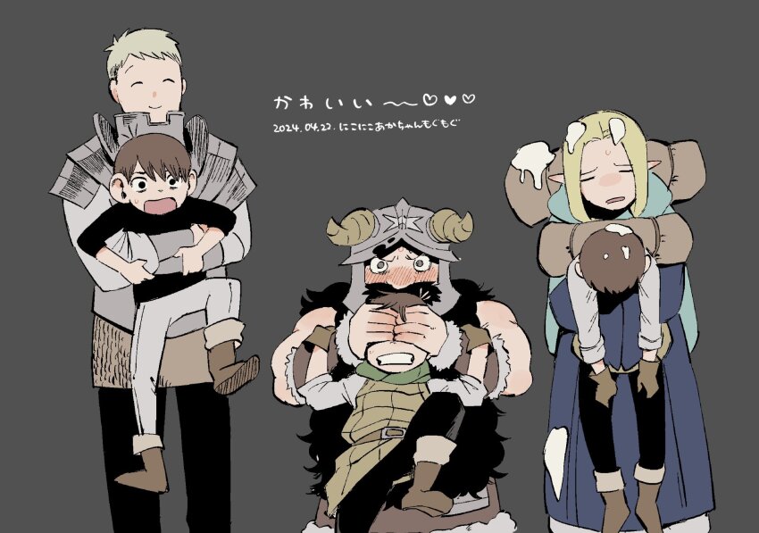 1girl 3boys ^_^ beard blush chilchuck_tims clone closed_eyes covering_another&#039;s_eyes dungeon_meshi dwarf empty_eyes facial_hair fake_horns helmet highres horned_helmet horns laios_touden lifting_person long_beard marcille_donato multiple_boys mustache senshi_(dungeon_meshi) short_hair shy sigh smile snow standing sweatdrop thick_mustache tmr0621 translated very_long_beard