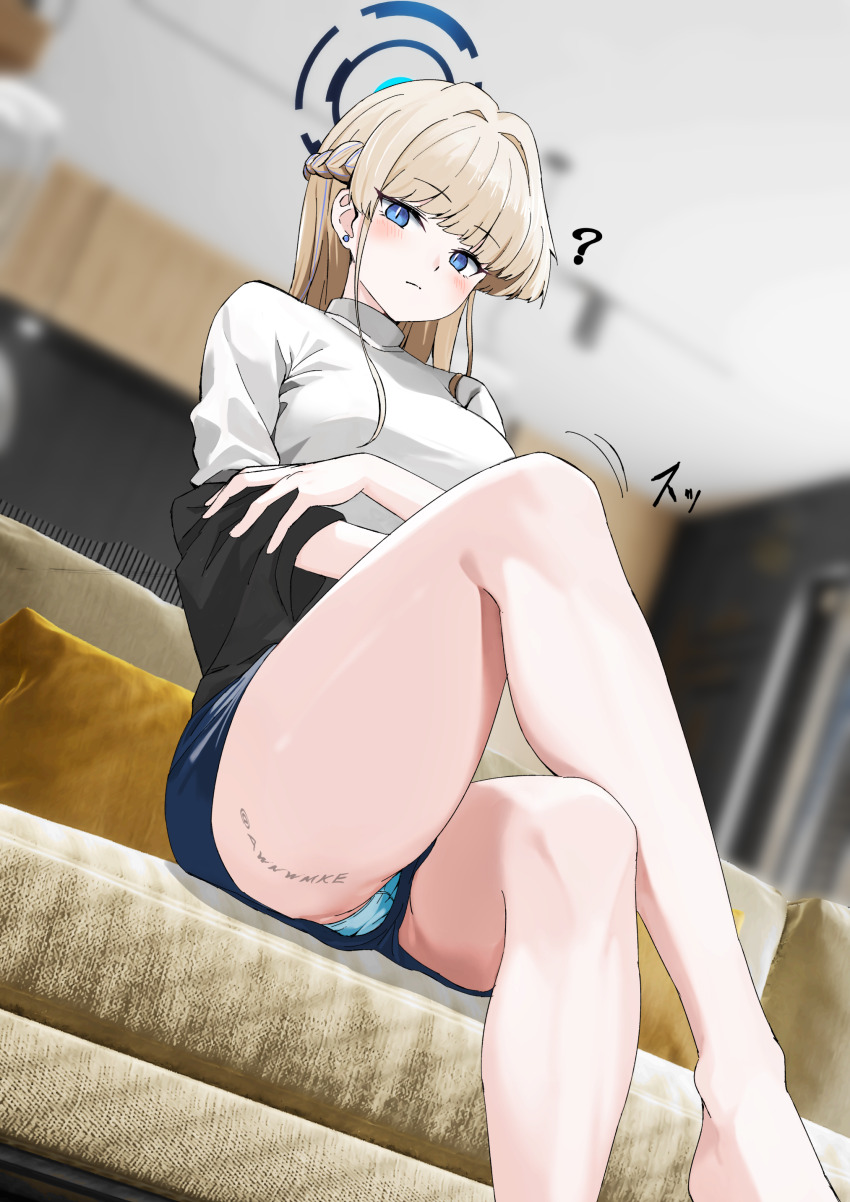 1girl ? absurdres awnw barefoot blonde_hair blue_archive blue_eyes blue_shorts blurry blurry_background body_writing closed_mouth crossed_legs earrings halo highres jewelry panties panty_peek shirt short_shorts shorts signature sitting solo stud_earrings thighs toki_(blue_archive) turtleneck underwear white_shirt