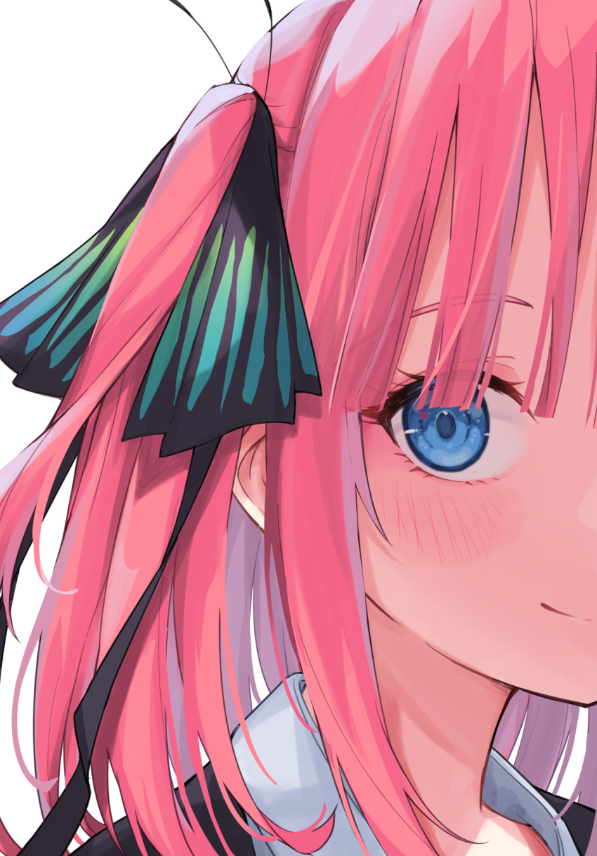 1girl bad_id bad_pixiv_id black_ribbon blue_eyes blush closed_mouth go-toubun_no_hanayome hair_ornament highres looking_at_viewer medium_hair nakano_nino one_side_up pink_hair portrait profnote ribbon simple_background smile solo white_background