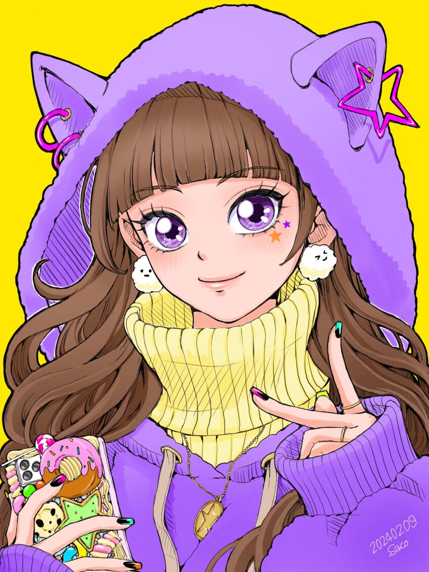 1girl amanogawa_kirara artist_name blush brown_hair cellphone closed_mouth dated earrings go!_princess_precure highres holding hood hoodie jewelry long_hair long_sleeves nail_polish necklace phone precure purple_eyes purple_hoodie ring sayococco smartphone smile solo star_tattoo sweater tattoo upper_body yellow_sweater