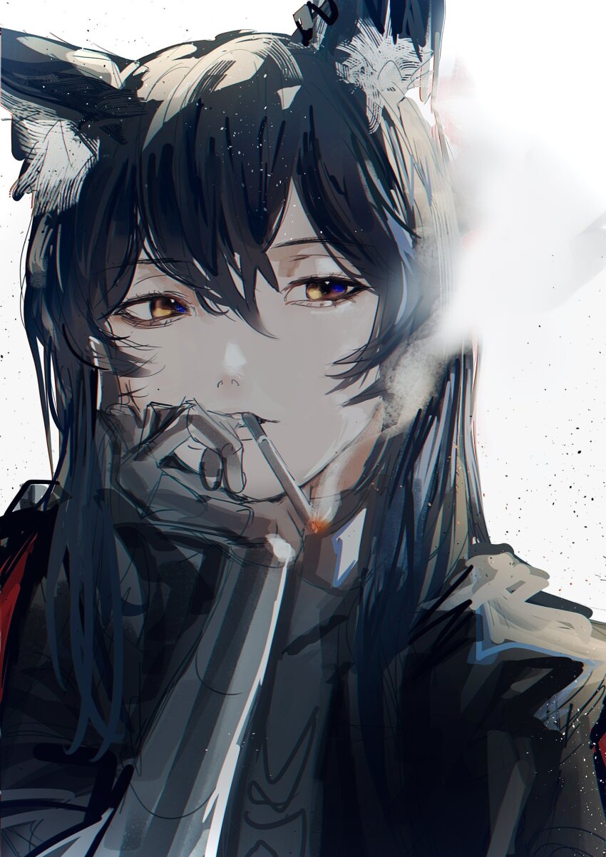 1girl animal_ear_fluff animal_ear_piercing animal_ears arknights armor ashes black_hair black_jacket blue_eyes cigarette commentary facing_viewer gauntlets grey_shirt grin hair_between_eyes hamaguri-san_(hamagur69200744) hand_on_own_cheek hand_on_own_face hand_up head_rest highres jacket long_hair looking_afar looking_to_the_side mouth_hold multicolored_eyes official_alternate_costume open_clothes open_jacket parted_lips portrait shirt sideways_glance simple_background smile smoke smoke_trail smoking solo straight_hair teeth texas_(arknights) texas_the_omertosa_(arknights) texas_the_omertosa_(wingbreaker)_(arknights) two-tone_eyes white_background wolf_ears wolf_girl yellow_eyes