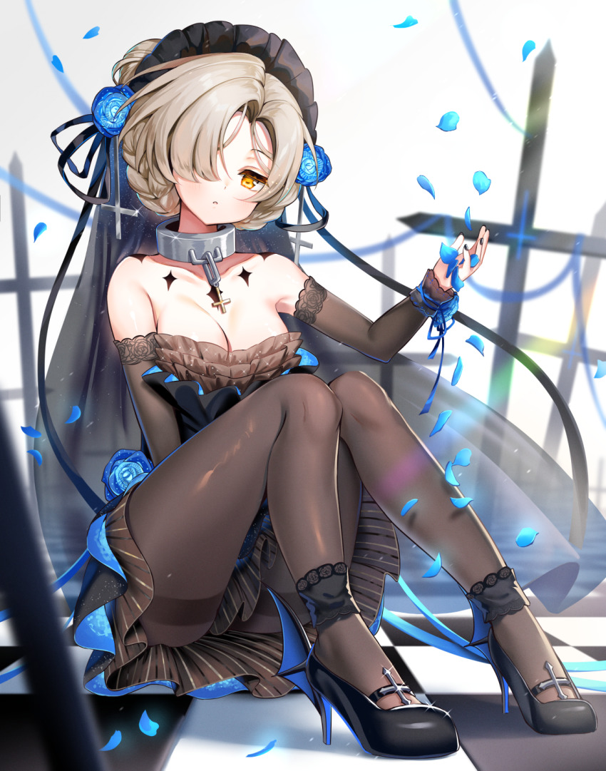 1girl azur_lane bare_shoulders black_nails black_shoes blue_flower blue_rose blurry blurry_background blurry_foreground breasts brown_dress brown_hair brown_pantyhose brown_sleeves checkered_floor cleavage commentary_request cross depth_of_field detached_sleeves dress flower full_body glint gradient_background grey_background hair_bun hair_flower hair_ornament hair_over_one_eye head_tilt high_heels highres kiyosato_0928 knees_up latin_cross long_sleeves looking_at_viewer medium_breasts nail_polish pantyhose petals rose sheffield_(azur_lane) sheffield_(black_crow&#039;s_finery)_(azur_lane) shoes single_hair_bun sitting solo strapless strapless_dress thighband_pantyhose veil white_background winged_footwear yellow_eyes