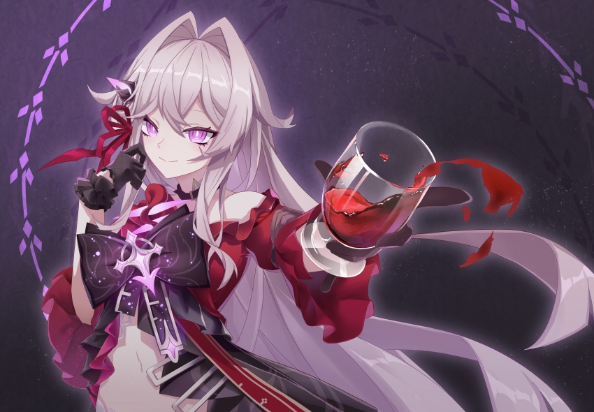 1girl absurdres alcohol black_gloves cup dress gloves grey_hair hair_intakes highres holding holding_cup honkai_(series) honkai_impact_3rd midriff navel pink_eyes red_dress red_wine rong_(pixiv108799890) smile solo spilling thelema_nutriscu upper_body wine