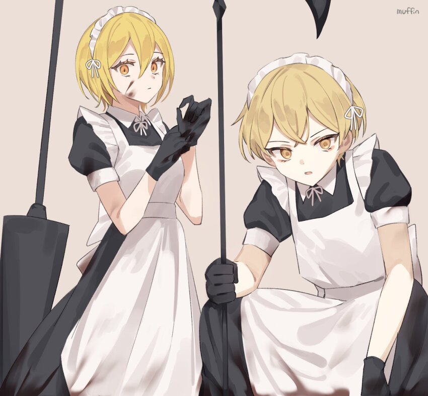 1boy 1girl apron axe black_dress black_gloves blonde_hair blood blood_on_clothes closed_mouth commentary_request don_quixote_(project_moon) dress empty_eyes gloves grey_background highres holding holding_axe korean_commentary lance limbus_company looking_at_viewer love_mintchoco maid maid_headdress parted_lips polearm project_moon puffy_short_sleeves puffy_sleeves short_hair short_sleeves simple_background sinclair_(project_moon) weapon white_apron yellow_eyes