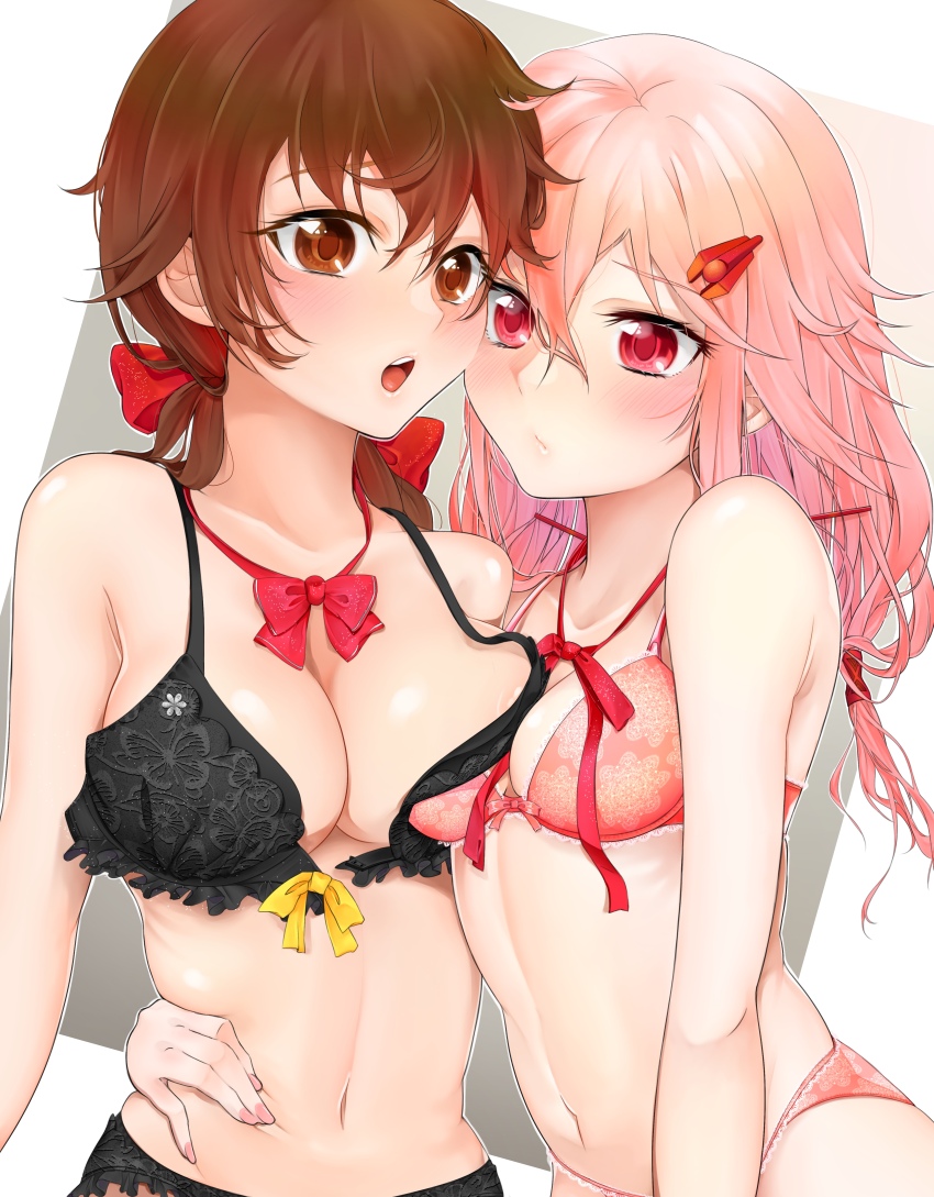 2girls absurdres asymmetrical_docking bare_shoulders black_bra black_panties blush bow bow_bra bowtie bra breast_press breasts brown_eyes brown_hair cleavage commentary_request front-hook_bra grey_background guilty_crown hair_bow hair_ornament hairclip hand_on_another&#039;s_waist highres long_hair looking_at_viewer medium_breasts menjou_hare multiple_girls navel neck_ribbon open_bra open_mouth panties pink_bra pink_hair pink_panties red_bow red_bowtie red_eyes red_ribbon ribbon sarina_(tosiyukiryousuke) stomach teeth twintails two-tone_background underwear underwear_only upper_body upper_teeth_only white_background yuzuriha_inori