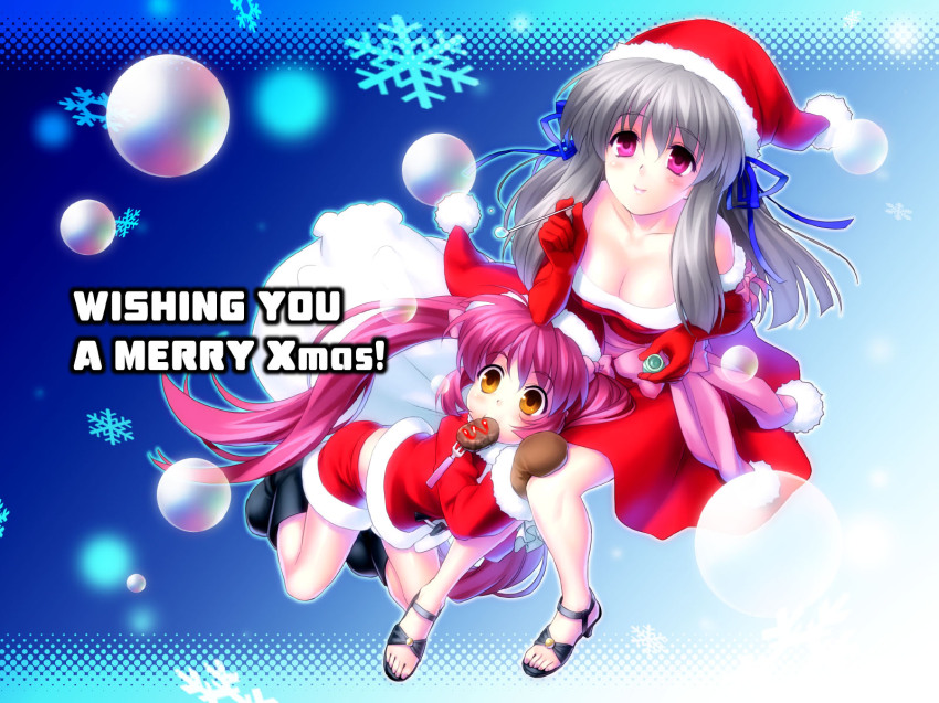 00s 2girls air_(visual_novel) breasts bubble christmas cleavage elbow_gloves gloves grey_hair hair_ribbon hat highres large_breasts long_hair michiru_(air) mittens multiple_girls pink_hair ribbon santa_costume santa_hat toono_minagi twintails zen