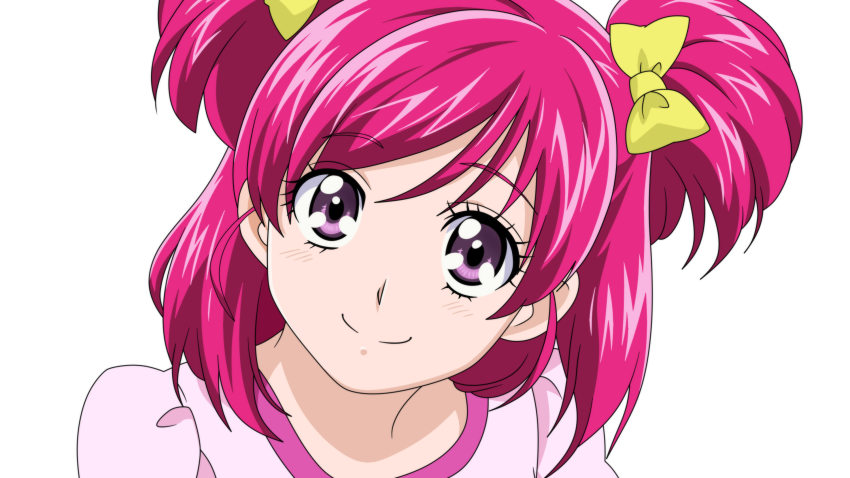 1girl anime_coloring blush bow closed_mouth damascus_(dearigazu2001) hair_between_eyes hair_bow highres looking_at_viewer pink_shirt portrait precure purple_eyes red_hair shirt short_hair simple_background smile solo swept_bangs two_side_up white_background yellow_bow yes!_precure_5 yumehara_nozomi