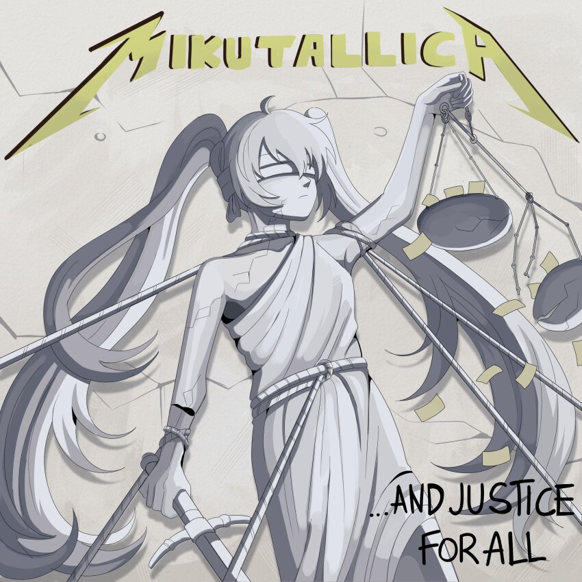 ...and_justice_for_all 1girl absurdres album_cover_redraw arm_up blindfold bobamiruku brand_name_imitation commentary derivative_work english_commentary english_text hatsune_miku highres holding holding_sword holding_weapon justitia_(mythology) long_hair metallica roman_mythology single_bare_shoulder solo statue stola sword twintails very_long_hair vocaloid weapon weighing_scale white_background