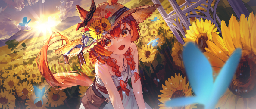 1girl :d absurdres animal_ears bare_shoulders blue_butterfly braid brown_hat bug butterfly cloud commentary_request cowboy_shot dog_tags dress ears_through_headwear field flower flower_field grey_sky hat hat_flower highres horse_ears horse_girl horse_tail insect long_hair looking_at_viewer mayano_top_gun_(umamusume) mountainous_horizon off-shoulder_dress off_shoulder open_mouth orange_eyes outdoors red_hair sky smile solo straw_hat sunflower sunflower_field sweat tail twin_braids umamusume white_dress yu_hydra