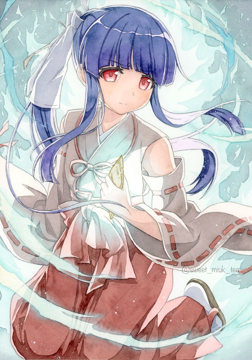 1girl blunt_bangs closed_mouth detached_sleeves floating_hair furude_rika hakama highres higurashi_no_naku_koro_ni japanese_clothes kimono kneeling long_hair long_sleeves miko painting_(medium) purple_hair red_eyes red_hakama ribbon-trimmed_sleeves ribbon_trim socks solo sweet_miuk_tea tabi traditional_media very_long_hair watercolor_(medium) white_kimono white_sleeves white_socks wide_sleeves