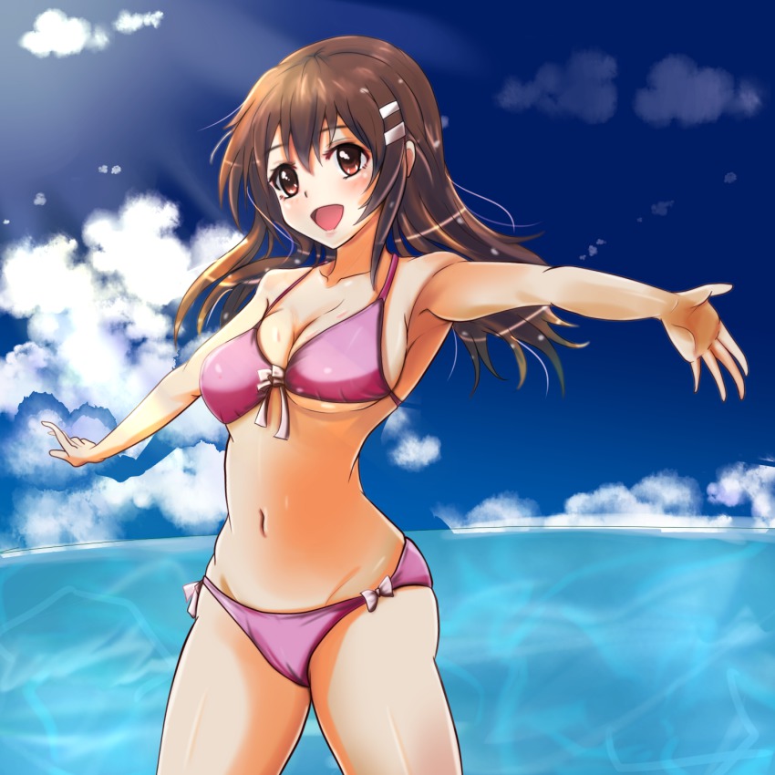 1girl bikini brown_hair female_focus front-tie_top hair_ornament hairclip highres long_hair niimi_haruka_(photokano) open_mouth outstretched_arms photokano pink_bikini red_eyes side-tie_bikini_bottom smile solo swimsuit tranquilizer_(bestcenter) water