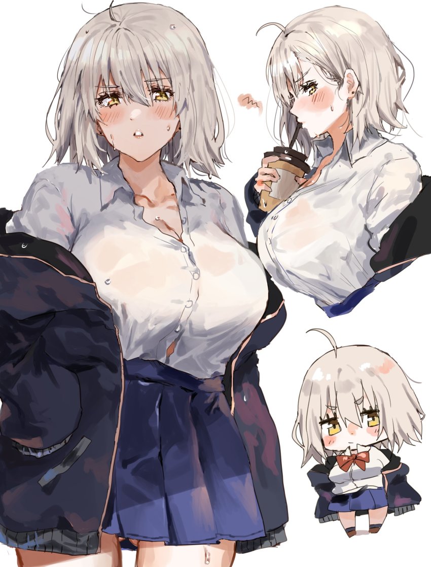 1girl absurdres ahoge black_jacket blouse breasts drinking drinking_straw fate/grand_order fate_(series) hair_between_eyes highres inusaka jacket jeanne_d&#039;arc_(fate) jeanne_d&#039;arc_alter_(avenger)_(fate) jeanne_d&#039;arc_alter_(fate) ribbon school_uniform shirt short_hair silver_hair simple_background skirt white_background white_shirt yellow_eyes