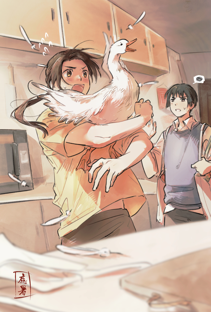 2boys axis_powers_hetalia bag beak bird black_hair black_pants blue_shirt blunt_ends blurry blush brown_eyes brown_hair china_(hetalia) collared_shirt cowboy_shot cutting_board door feathered_wings feathers flying_sweatdrops hand_up highres indoors jacket japan_(hetalia) kitchen long_hair long_sleeves looking_at_another microwave multiple_boys open_clothes open_jacket open_mouth pants ponytail shirt short_hair short_sleeves speech_bubble spoken_squiggle squiggle standing sweatdrop t-shirt table tea_(candyfoxx) teeth v-shaped_eyebrows white_bag white_jacket white_shirt wings yellow_shirt