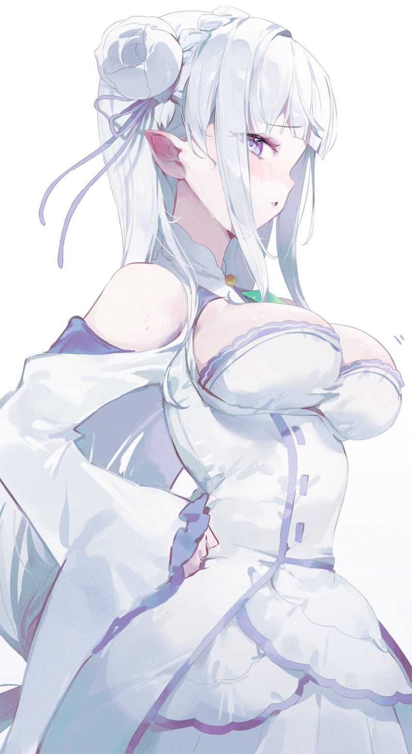 1girl absurdres bare_shoulders blush braid breasts cowboy_shot crown_braid dress elf emilia_(re:zero) flower from_side gem green_gemstone hair_flower hair_ornament hair_ribbon hands_on_own_hips highres large_breasts long_hair looking_at_viewer meunhongcha pointy_ears purple_eyes purple_ribbon re:zero_kara_hajimeru_isekai_seikatsu ribbon rose solo white_background white_flower white_hair white_rose wide_sleeves x_hair_ornament