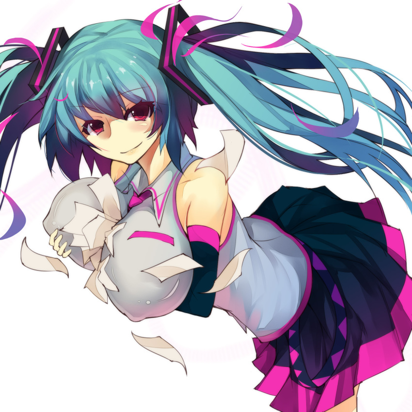 1girl alternate_breast_size aqua_hair bare_shoulders between_breasts breast_hold breasts female_focus hatsune_miku highres huge_breasts leaning_forward lokman_lam long_hair mousou_zei_(vocaloid) paper rain_lan red_eyes simple_background skirt smile solo twintails vocaloid white_background