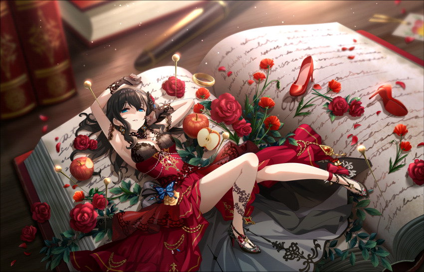 1girl arm_up armpits black_hair blue_eyes book bookmark breasts butterfly_brooch choker cleavage desk dress elbow_gloves flower gloves hair_between_eyes hairband high_heels idolmaster idolmaster_cinderella_girls idolmaster_cinderella_girls_starlight_stage jewelry lace lace_choker layered_dress leaf long_bangs long_hair looking_at_viewer lying nail_polish official_art on_back open_book open_mouth oversized_object parted_lips petals pin red_dress red_flower red_petals red_rose ring rose rose_petals sagisawa_fumika shoes sleeveless sleeveless_dress solo unworn_shoes