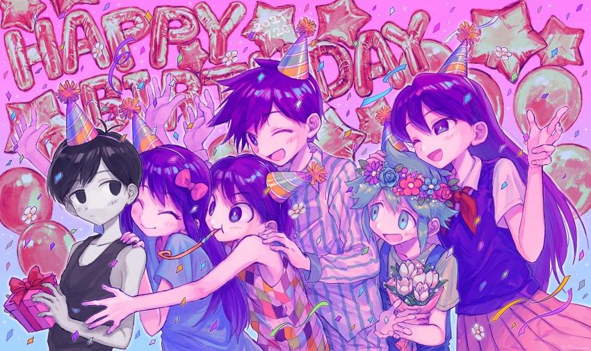 2girls 4boys absurdres aubrey_(headspace)_(omori) aubrey_(omori) balloon basil_(headspace)_(omori) basil_(omori) black_eyes black_hair black_tank_top blue_shirt blush bouquet bow closed_eyes closed_mouth collarbone collared_shirt colored_skin confetti expressionless flower gift green_eyes green_hair hair_bow happy_birthday hat head_wreath hero_(headspace)_(omori) hero_(omori) highres holding holding_bouquet holding_gift hyaku_(momongamomomo) kel_(headspace)_(omori) kel_(omori) long_hair long_sleeves mari_(headspace)_(omori) mari_(omori) multiple_boys multiple_girls neckerchief omori omori_(omori) one_eye_closed open_mouth pajamas party_hat pink_bow pleated_skirt purple_eyes purple_hair purple_sweater_vest red_neckerchief red_skirt shirt short_hair short_sleeves skirt sweater_vest tank_top white_shirt white_skin