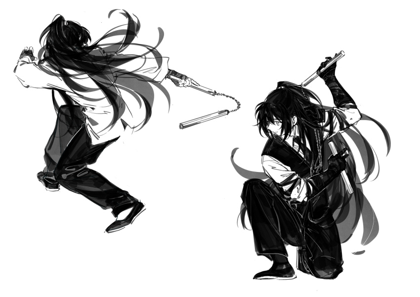 1boy arm_up collared_shirt fighting_stance greyscale hand_up highres holding holding_weapon hong_lu_(project_moon) jacker limbus_company liu_association_(identity)_(project_moon) long_hair long_sleeves male_focus monochrome mugglesix multiple_views necktie nunchaku on_one_knee pants project_moon shirt shoes simple_background very_long_hair weapon