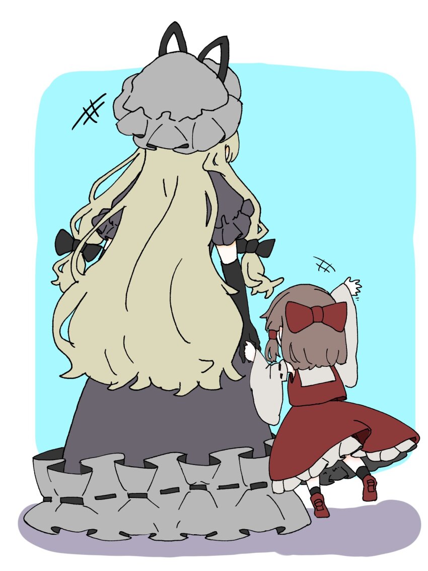 +++ 2girls aged_down alternate_color alternate_headwear_color black_gloves black_socks blonde_hair bow brown_hair chantarou child commentary detached_sleeves dress elbow_gloves gloves grey_dress grey_hat hair_bow hair_tubes hakurei_reimu hat hat_ribbon highres holding_hands long_hair mob_cap multiple_girls red_bow red_shoes red_skirt ribbon ribbon-trimmed_sleeves ribbon_trim shoes short_sleeves skirt skirt_set socks touhou very_long_hair yakumo_yukari