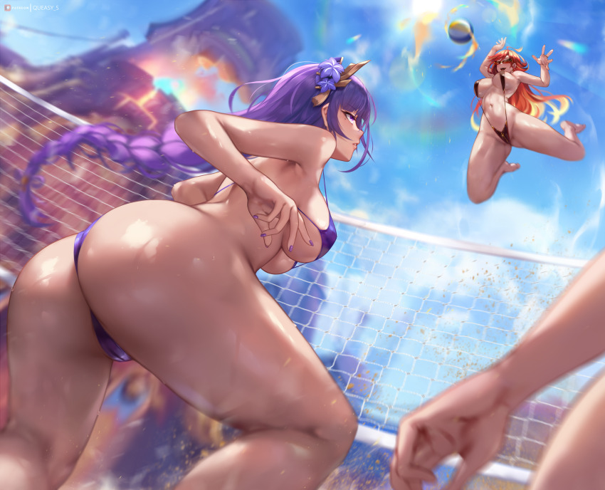 1other 2girls absurdres alternate_costume artist_name ass ball bare_legs barefoot beach_volleyball bikini black_slingshot_swimsuit blue_sky breasts commentary day english_commentary feet flower genshin_impact hair_flower hair_ornament highres large_breasts legs long_hair looking_at_another low-braided_long_hair low-tied_long_hair mavuika_(genshin_impact) midair mole mole_under_eye multicolored_hair multiple_girls nail_polish navel open_mouth orange_hair outdoors paid_reward_available parted_lips patreon_username purple_bikini purple_eyes purple_flower purple_hair purple_nails queasy_s raiden_shogun sky slingshot_swimsuit smile spiking stomach sunglasses swimsuit toes two-tone_hair very_long_hair volleyball volleyball_(object) volleyball_net