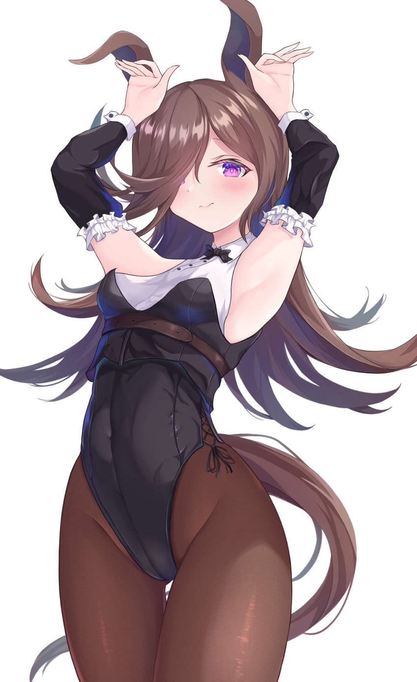 1girl absurdres animal_ears armpits arms_up black_bow black_bowtie black_hair black_leotard black_sleeves blush bow bowtie breasts brown_hair brown_pantyhose closed_mouth commentary covered_navel cowboy_shot detached_sleeves groin hair_over_one_eye half-closed_eyes highres horse_ears horse_girl horse_tail leotard long_hair looking_at_viewer maimuu pantyhose playboy_bunny purple_eyes rabbit_pose rice_shower_(umamusume) side-tie_leotard sleeveless small_breasts smile solo standing strapless strapless_leotard tail thigh_gap umamusume