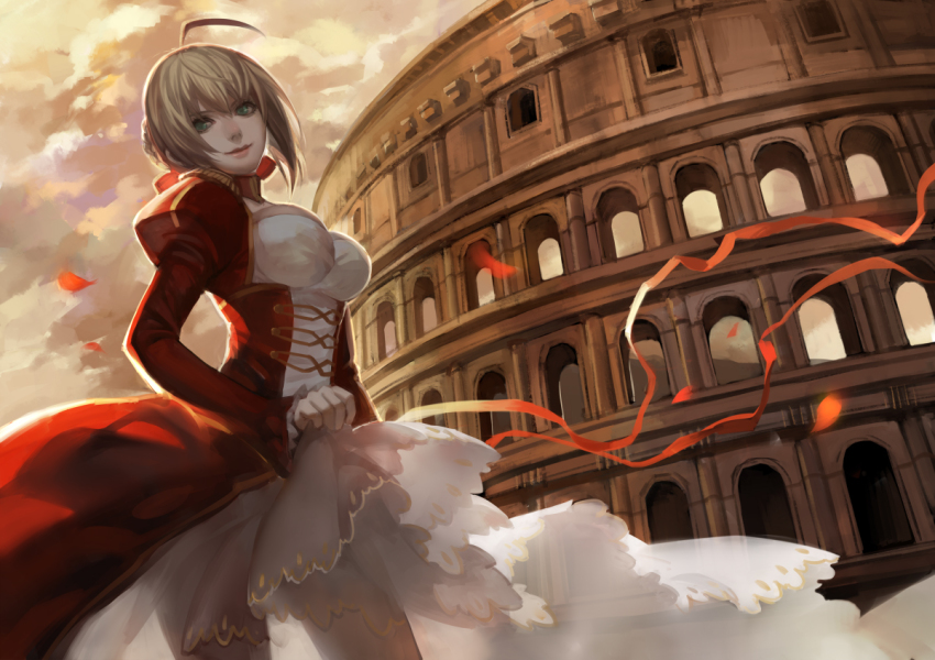 10s 1girl ahoge ask_(askzy) blonde_hair breasts cleavage colosseum dress fate/extra fate_(series) female_focus green_eyes hair_ribbon large_breasts looking_at_viewer nero_claudius_(fate) nero_claudius_(fate)_(all) nero_claudius_(fate/extra) open_mouth petals red_dress ribbon rome_(city) solo