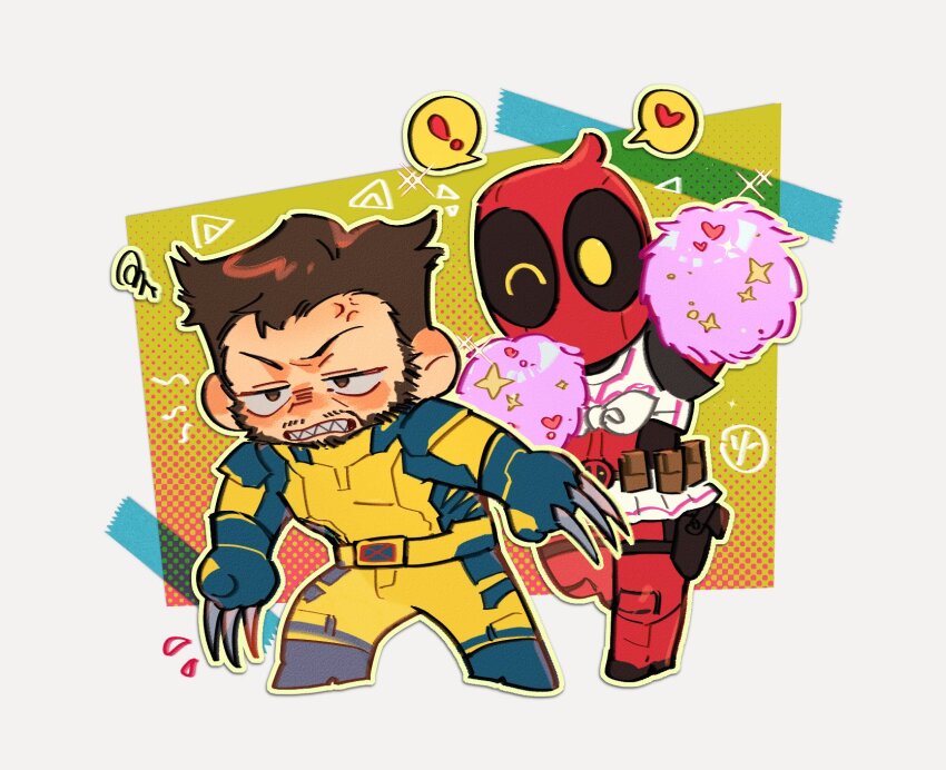 ! 2boys anger_vein bodysuit brown_eyes brown_hair cheerleader chibi claw_(weapon) clenched_teeth deadpool deadpool_&amp;_wolverine facial_hair furrowed_brow heart highres holding holding_pom_poms male_focus marvel miro_dp multiple_boys one_eye_closed pom_pom_(cheerleading) pom_poms red_bodysuit red_mask sharp_teeth short_hair sideburns spoken_exclamation_mark spoken_heart squiggle teeth weapon wolverine_(x-men) yellow_bodysuit yellow_eyes