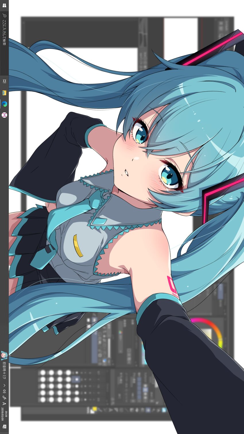 1girl absurdres aqua_eyes aqua_hair aqua_necktie art_program_in_frame black_skirt black_sleeves detached_sleeves fake_screenshot fourth_wall grey_shirt hair_between_eyes hatsune_miku highres long_hair looking_at_viewer microsoft_windows necktie nishizuki_shino number_tattoo photoshop_(medium) shirt sideways skirt sleeveless sleeveless_shirt solo taskbar tattoo teeth twintails very_long_hair vocaloid