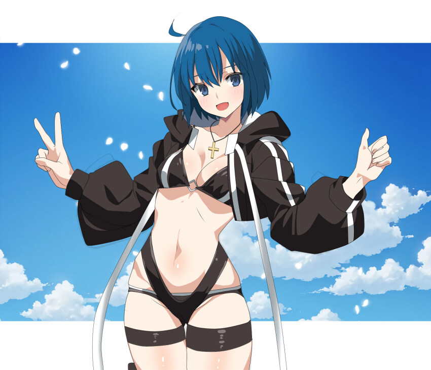 1girl ahoge bikini black_bikini black_jacket blue_eyes blue_hair blue_sky border breasts c.i.e.l_(fate) ciel_(tsukihime) cloud cloudy_sky cowboy_shot cross cross_necklace fate/grand_order fate_(series) highres jacket jewelry medium_breasts navel necklace open_mouth short_hair sky smile solo stomach swimsuit thigh_strap thighs thumbs_up tsukihime u_hasumi69 v white_border