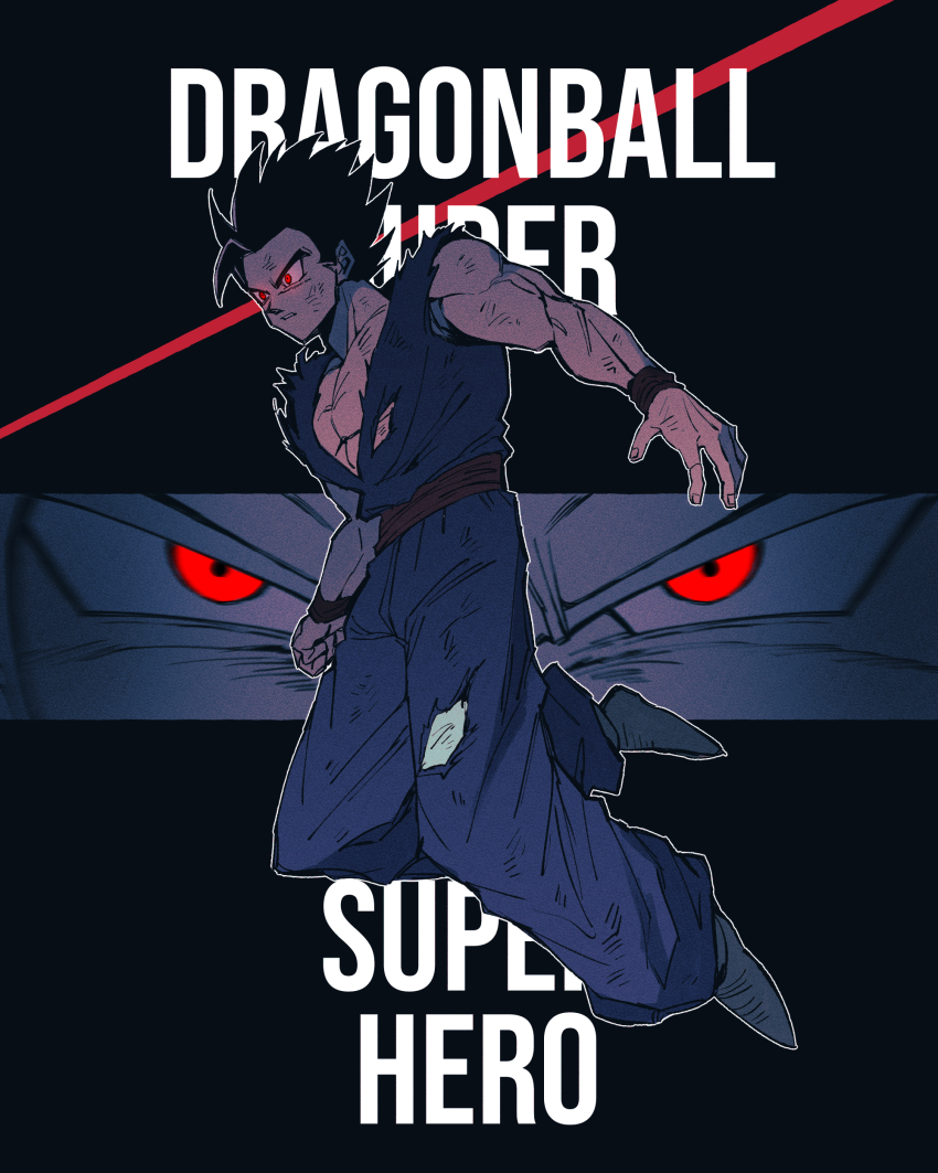 1boy absurdres black_hair commentary_request copyright_name dirty dirty_clothes dirty_face dougi dragon_ball dragon_ball_super dragon_ball_super_super_hero dual_persona full_body glowing glowing_eyes gohan_beast highres living_(nsiring) male_focus muscular muscular_male parted_lips purple_dougi red_eyes scene_reference short_hair single_bang son_gohan spiked_hair torn_clothes transformation white_hair wristband