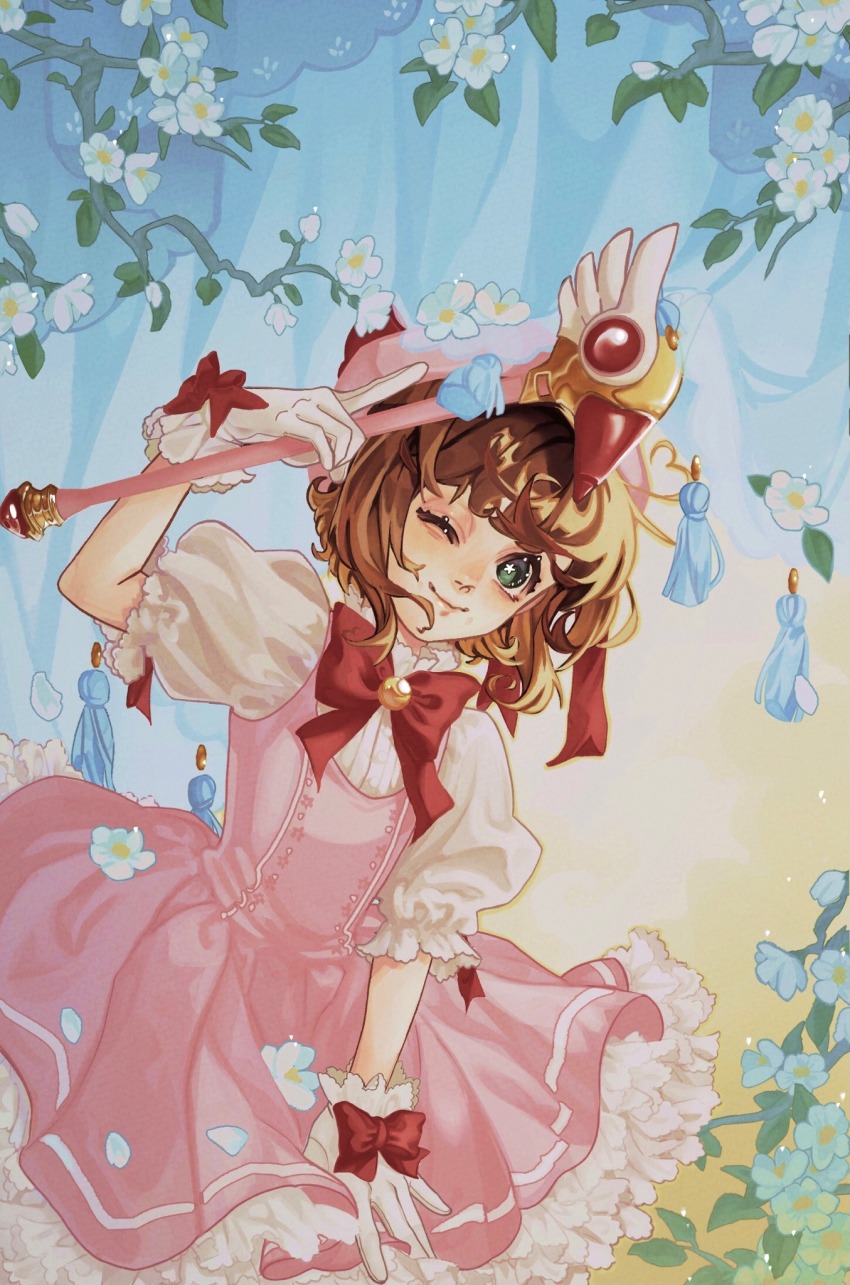 1girl bow bowtie brown_hair cardcaptor_sakura commentary dress english_commentary flower frilled_dress frills fuuin_no_tsue glove_bow gloves hat highres holding holding_wand kinomoto_sakura kinomoto_sakura_(magic_dream_costume) looking_at_viewer magical_girl mob_cap one_eye_closed pink_dress pink_hat puffy_short_sleeves puffy_sleeves red_bow red_bowtie short_hair short_sleeves smile solo two-tone_dress vbhans wand white_dress white_gloves